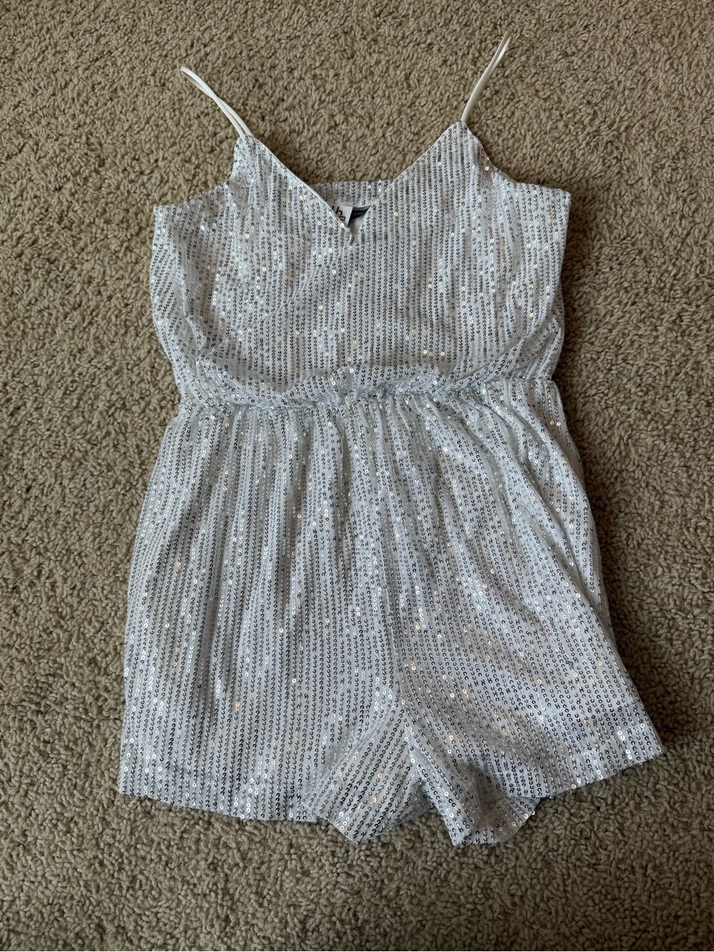 New Double Crazy Silver Sequin Romper - Spaghetti Strap Sparkle Concert Bridal